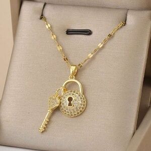 Gold Plated Stainless Steel Lock & Key Pendant Necklace